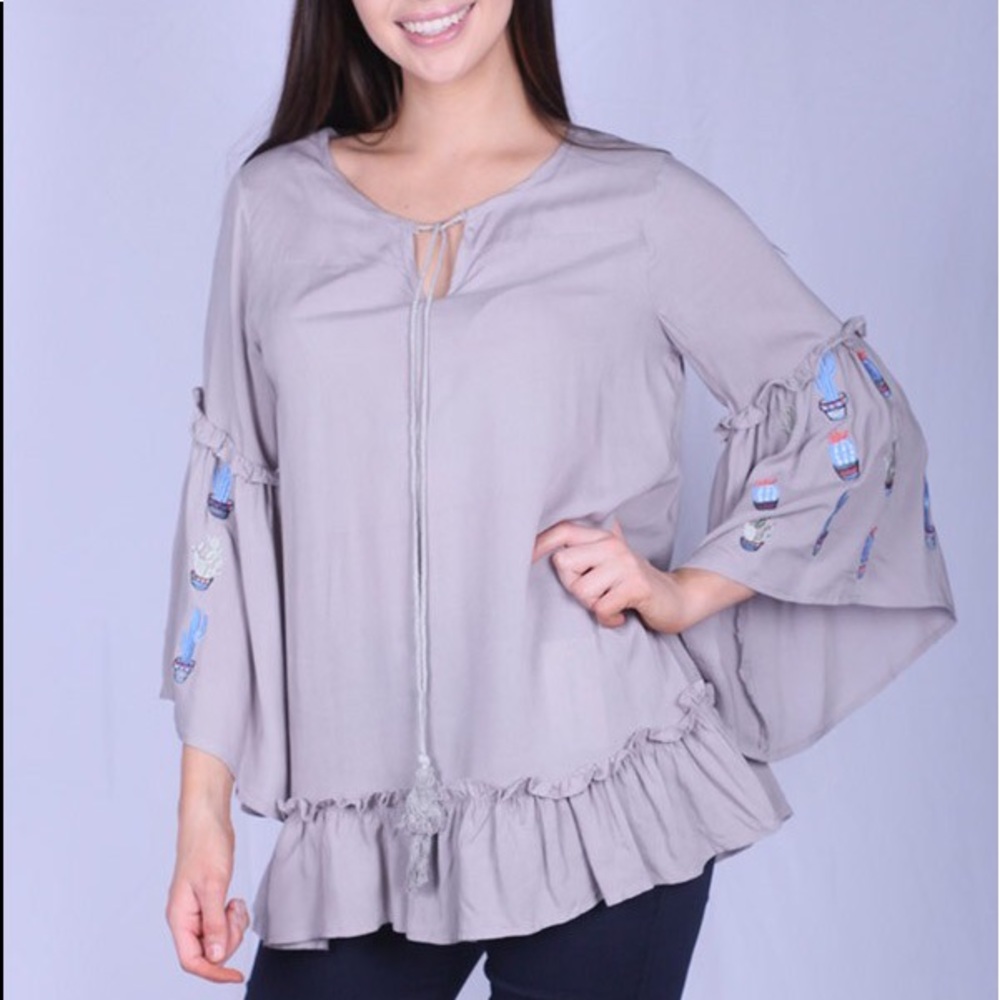 Cactus Embroidered Ruffled Tunic